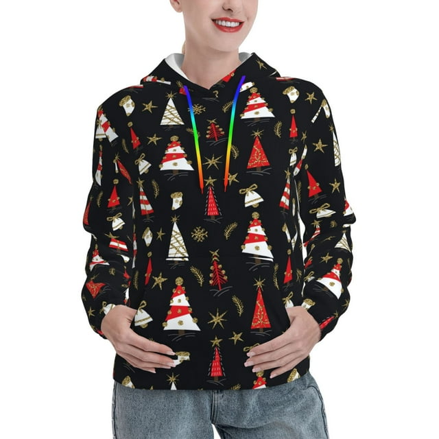 Picia Christmas Tree and Gold Socks Pattern Casual Women's Hoodie, Hooded Sweatshirt with Kangaroo Pocket, Comfortable Pullover with Eye-catching Drawstrings-XX-Large