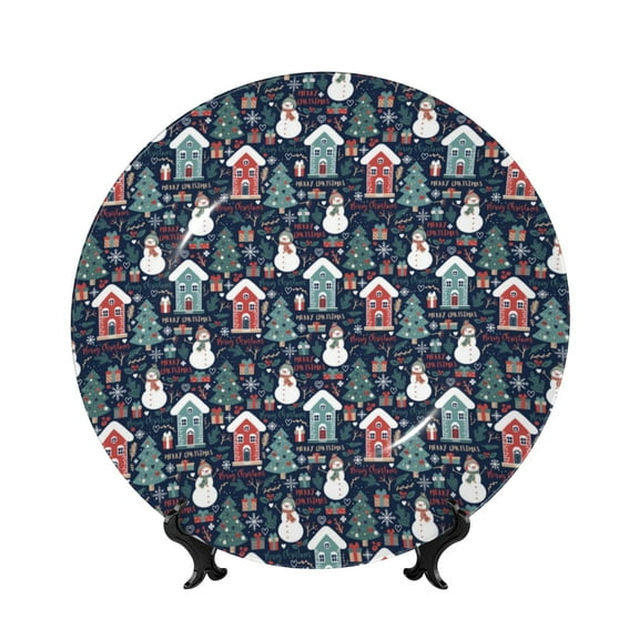 Picia Christmas Village Pattern Bone China Decorative Plate – Wall Decor with Stand and Adhesive, Elegant Ornament for Living Room, Office, or Entryway-7in