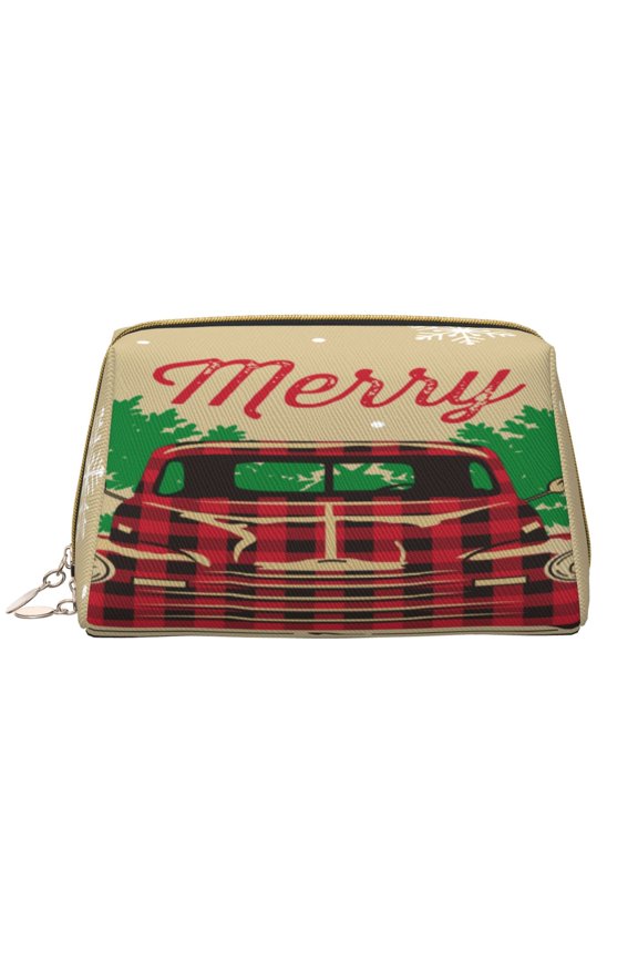 Christmas Vintage Red Truck Print Leather Makeup Bag Make Up Bag Travel Toiletry Bag for Her Girlfriend Teacher Teen Girl Gifts