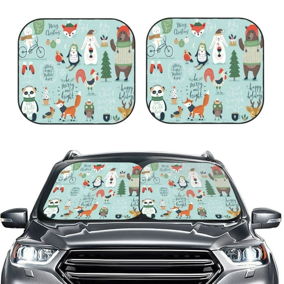 Picia Christmas Winter Animals 2 Piece Car Windshield Sun Shade Foldable | Foldable Sun Shield for Front Window Blocks UV Rays and Keeps Your Vehicle Cool-Large