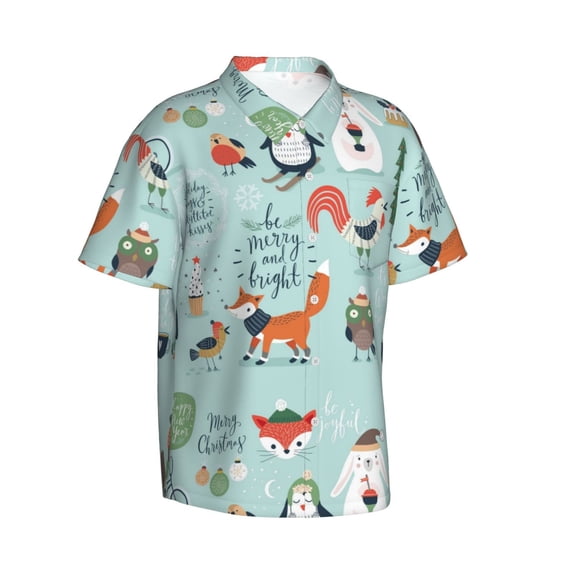 Picia Christmas Winter Animals Gentle Cotton Regular Fit Short Sleeve Casual Hawaiian Shirt for Men-Medium