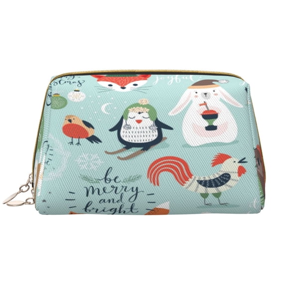 Picia Christmas Winter Animals Print Leather Makeup Bag Make Up Bag Travel Toiletry Bag for Her Girlfriend Teacher Teen Girl Gifts