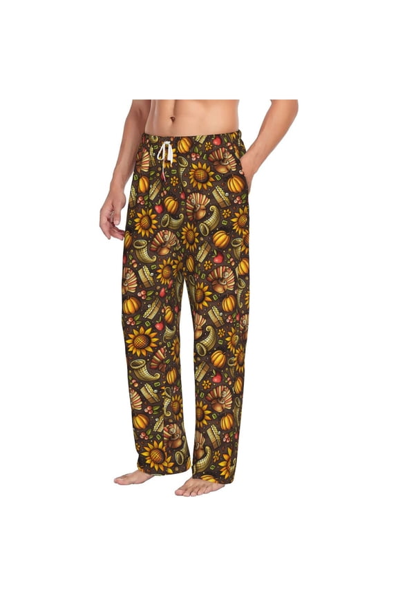 Chrysanthemum turkey Mens Soft Woven Cotton Elastic Waistband Sleep Pajama Pant Lounge Sleep Pant With Pockets And Drawstring-Medium