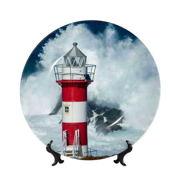 Picia Circular Lighthouse Pattern Bone China Decorative Plate – Wall Decor with Stand and Adhesive, Elegant Ornament for Living Room, Office, or Entryway-8in