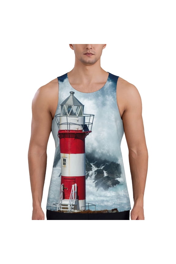 Circular Lighthouse Printed Men’s Performance Tank, Men's Workout Tank Top Moisture-Wicking Tank Top Muscle tee, Breathable Workout Shirt-3X-Large