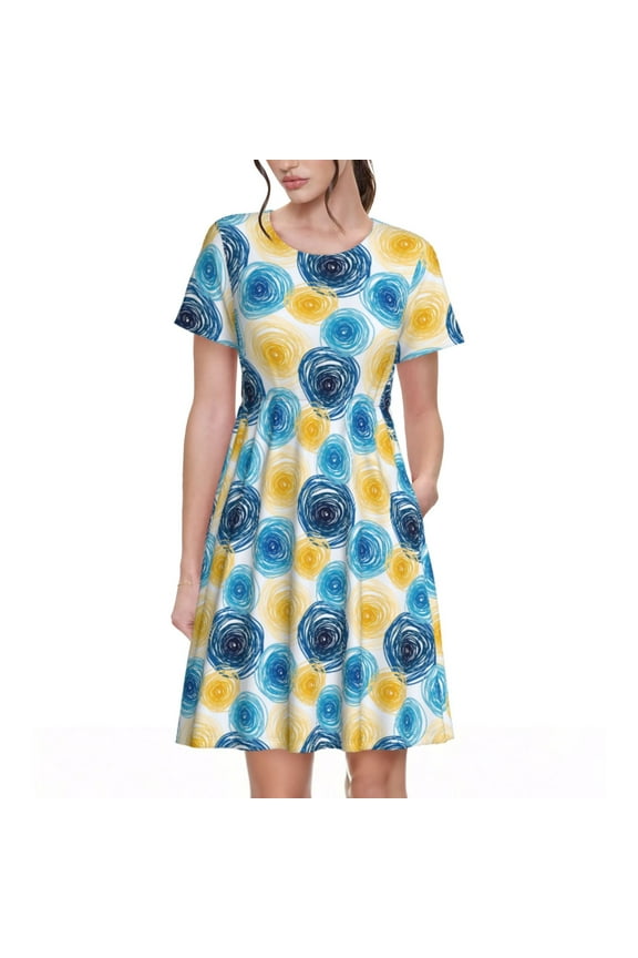 Circular Pattern Women's Short Sleeve Summer Dress Pleated Loose Swing Knee Length Short Sleeve Swing Dresses