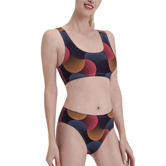 Picia Circular Stripes Women's High Waisted Bikini Scoop Neck Swimsuit Two Pieces Bathing Suit-X-Large
