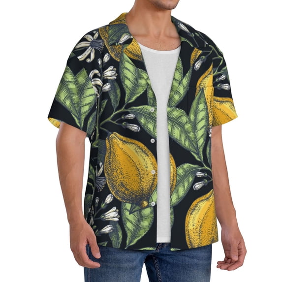 Picia Citrus Fruits Elegant Lemons Men's Linen Shirts Short Sleeve Cuban Beach Shirts Casual Shirts Button Down Shirt for Men Beach Summer Wedding Shirt-Large
