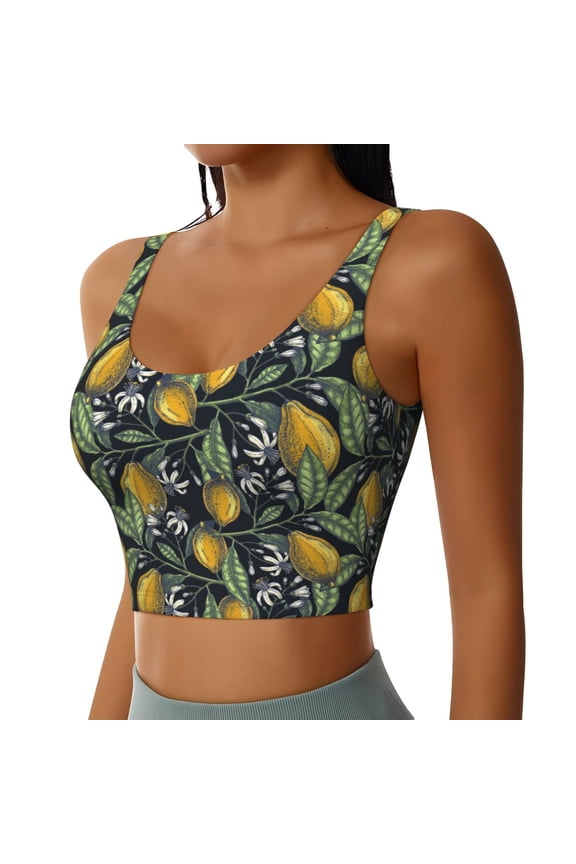 Citrus Fruits Elegant Lemons Sports Bra for Women,Padded Strappy Sports Bras Medium Support Yoga Bra with Removable Cups,Running Yoga Bra-Small