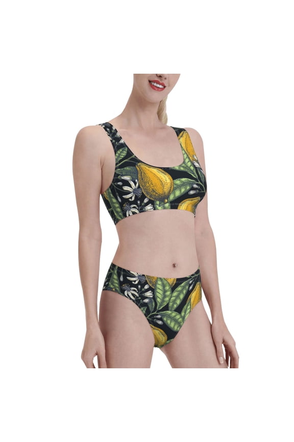 Citrus Fruits Elegant Lemons Women's High Waisted Bikini Scoop Neck Swimsuit Two Pieces Bathing Suit-Medium
