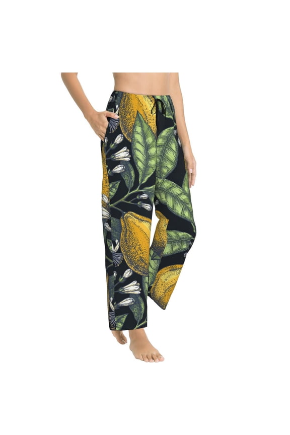 Citrus Fruits Elegant Lemons Womens Soft Woven Cotton Elastic Waistband Sleep Pajama Pant Lounge Sleep Pant With Pockets And Drawstring-Small