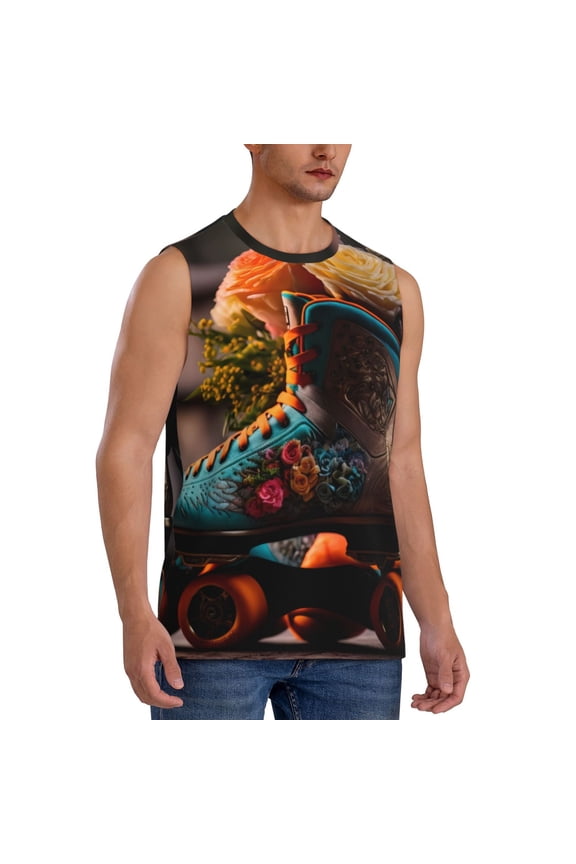 Classic Floral Blue Skate Shoes mens Cotton Tank Undershirts , Moisture-wicking Ribbed Tanks, Lightweight Cotton Tank Undershirts-Large