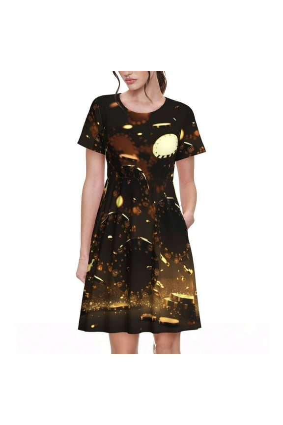 Classical Golden Casino Pattern Women's Short Sleeve Summer Dress Pleated Loose Swing Knee Length Short Sleeve Swing Dresses