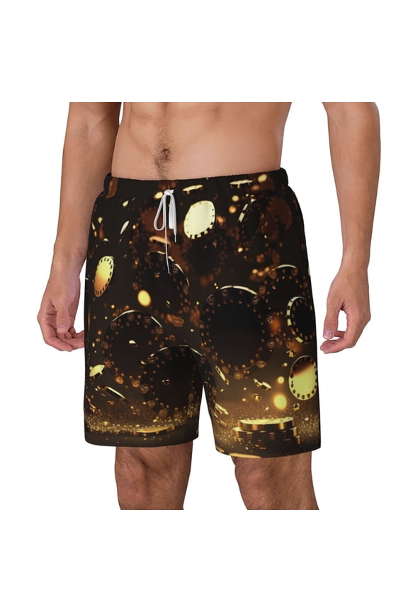 Classical Golden Casino pattern Mens Swim Trunks with Compression Liner Stretch Beach Shorts Quick Dry with Zipper Pockets No-Chafing Board Shorts-X-Large