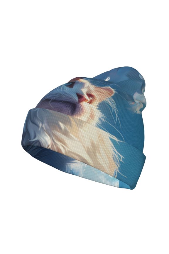 Clear Sky Blue Cat Pattern Knitted Beanie Hat for Men and Women , Unisex Winter Warm Stretchy Knit Cap Thick Fisherman Beanies Cuffed Plain Skull Caps