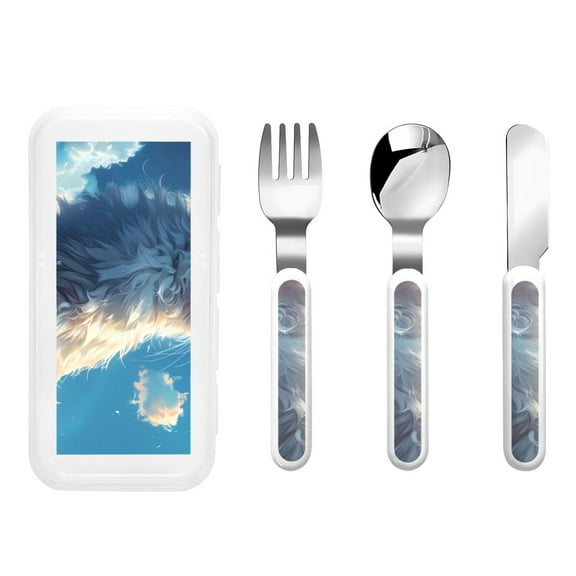 Picia Clear Sky Blue Cat Print Children's Knife, Fork And Spoon Set - Kids Knife Fork Spoon - Stainless Steel Kids Silverware Set - Metal Kids Cutlery Set