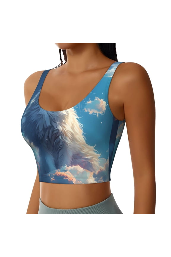 Clear Sky Blue Cat Sports Bra for Women,Padded Strappy Sports Bras Medium Support Yoga Bra with Removable Cups,Running Yoga Bra-X-Large