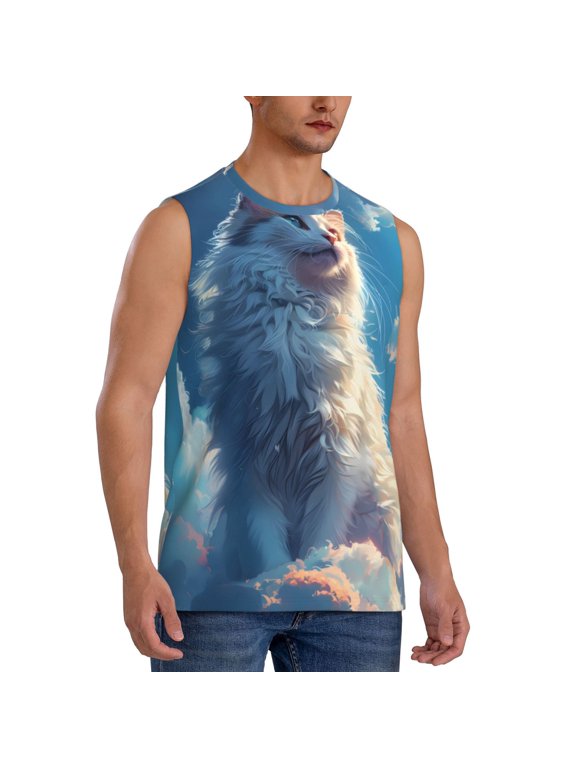 Clear Sky Blue Cat mens Cotton Tank Undershirts , Moisture-wicking Ribbed Tanks, Lightweight Cotton Tank Undershirts-Small