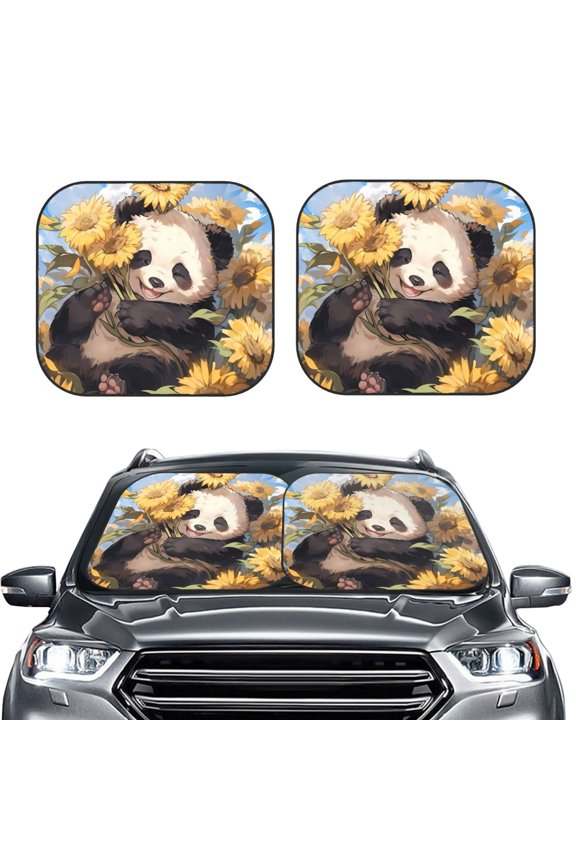 Clear Sky Cute Sunflower Panda 2 Piece Car Windshield Sun Shade Foldable | Foldable Sun Shield for Front Window Blocks UV Rays and Keeps Your Vehicle Cool-Large