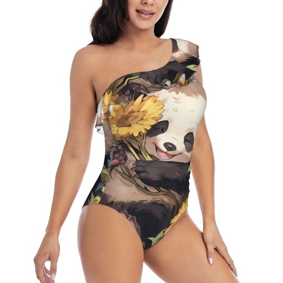 Picia Clear Sky Cute Sunflower Panda Pattern Women's One Piece Swimsuits,One Shoulder Swimwear Asymmetric ,Ruffle Monokinis Bathing Suits,High Waisted Flattering Bathing Suits-Small