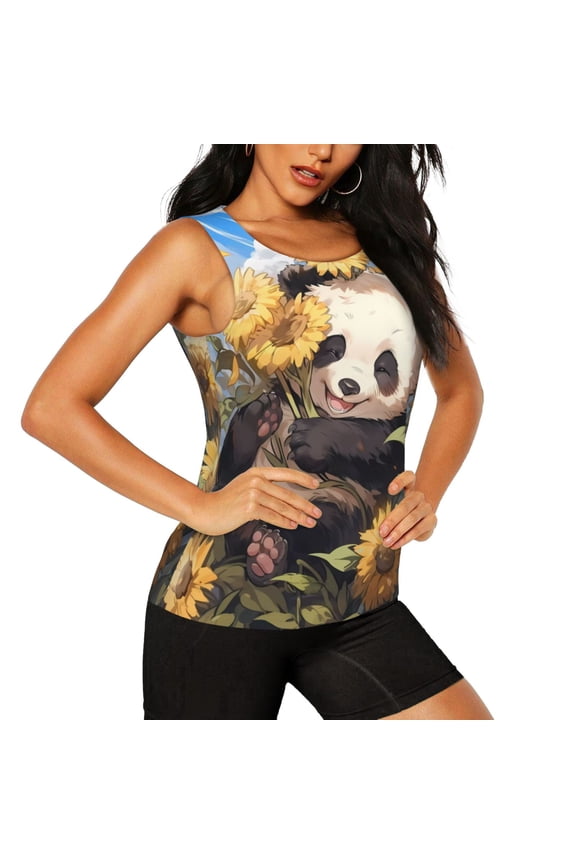 Clear Sky Cute Sunflower Panda Pattern Women's Workout Tank Top,Breathable Activewear,Slim Fit Athletic Top,Versatile Workout Moisture-wicking top-Small