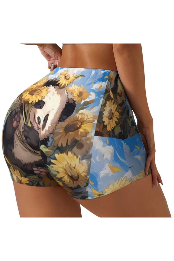 Clear Sky Cute Sunflower Panda Printed Workout Shorts for Women Seamless Scrunch Butt Lifting High Waisted Yoga Gym Booty Running Moisture-wicking Short Pants-XX-Large