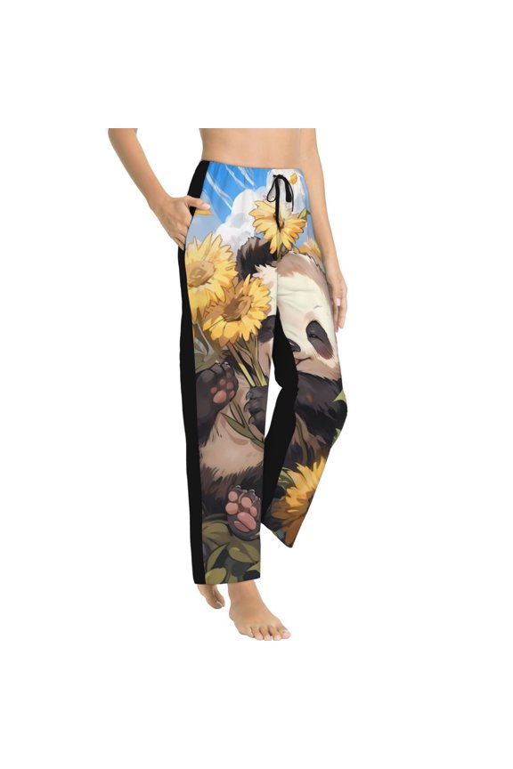 Clear Sky Cute Sunflower Panda Womens Soft Woven Cotton Elastic Waistband Sleep Pajama Pant Lounge Sleep Pant With Pockets And Drawstring-Medium