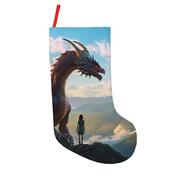 Picia Clear Sky Mountain Red Dragon Pattern Christmas Stockings, 18 Inches Knit Christmas Stockings, Stockings Christmas Cable Knitted Xmas Hanging Stockings