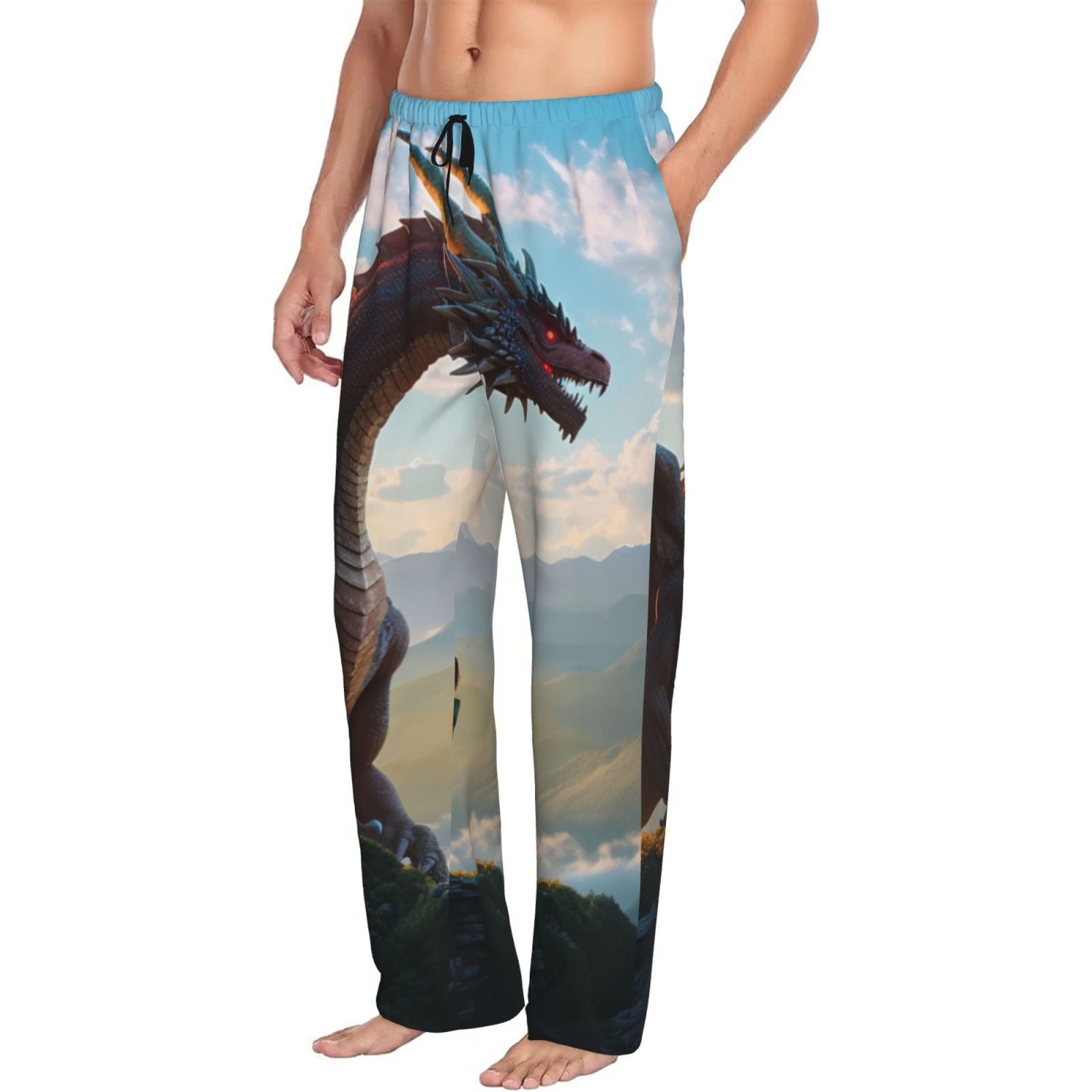 Pure Silk Men's Dragon Print Sleep Pants with Elastic Waist