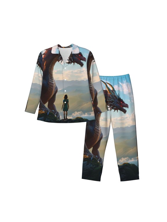 Clear Sky Mountain Red Dragon Pattern Men’s Long-Sleeve Sleepwear Set - Soft 2-Piece Loungewear with Pockets, Comfy PJs for Relaxing Nights-XX-Large