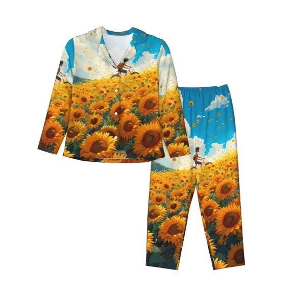 Picia Clear Sky Sunflower Pattern Women’s Long-Sleeve Sleepwear Set - Soft 2-Piece Loungewear with Pockets, Comfy PJs for Relaxing Nights-Large