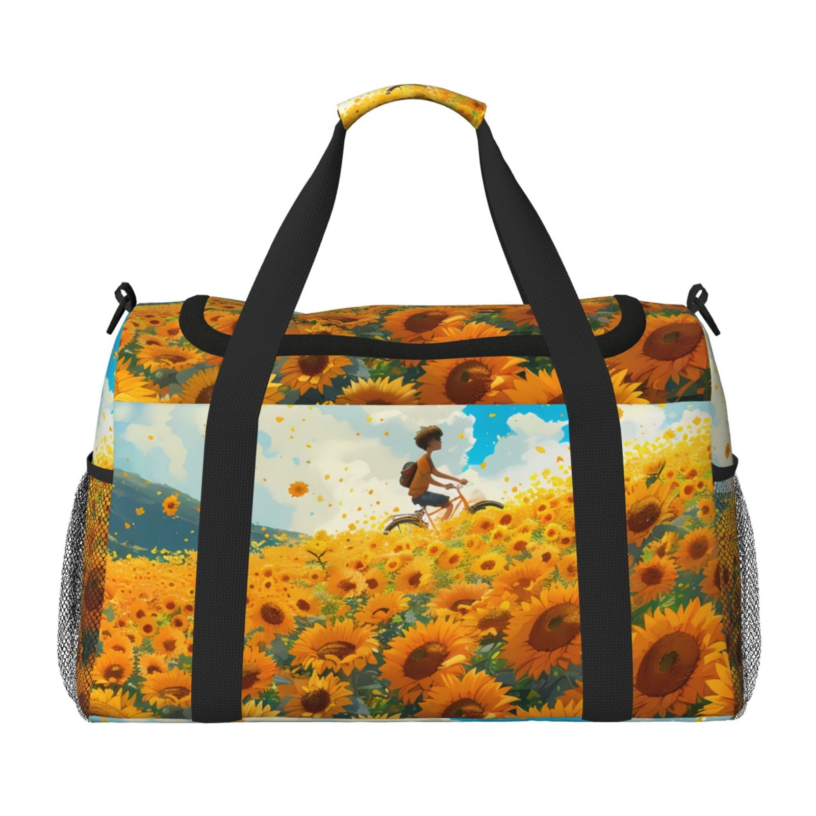 Picia Clear Sky Sunflower Print Travel Duffle Bag,Weekender Bags for Women with Shoe Compartment, Gym Duffel Bag with Wet Pocket, Hospital Bags for Labor and Delivery