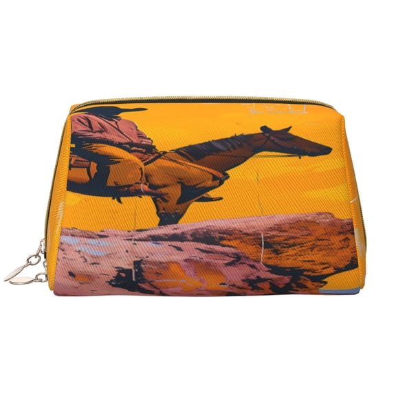 Picia Cliff Western Cowboy Print Leather Makeup Bag Make Up Bag Travel Toiletry Bag for Her Girlfriend Teacher Teen Girl Gifts