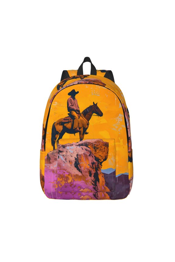 Cliff Western Cowboy Printed Canvas Daypack - Stylish and Durable Vintage Compact Backpack - Class, Work, Travel, or Laptop Bookbag,Organized Compartments-Medium