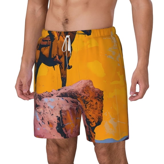 Picia Cliff Western Cowboy pattern Mens Swim Trunks with Compression Liner Stretch Beach Shorts Quick Dry with Zipper Pockets No-Chafing Board Shorts-Medium