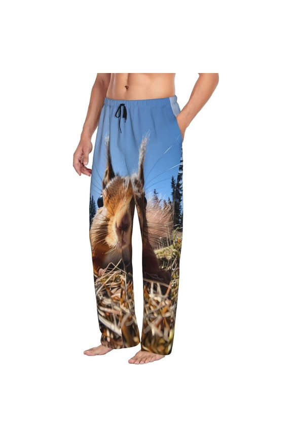 Close-Up Curious Squirrel Mens Soft Woven Cotton Elastic Waistband Sleep Pajama Pant Lounge Sleep Pant With Pockets And Drawstring-Small