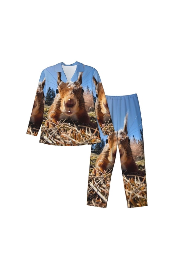 Close-Up Curious Squirrel Pattern Men’s Long-Sleeve Sleepwear Set - Soft 2-Piece Loungewear with Pockets, Comfy PJs for Relaxing Nights-Medium