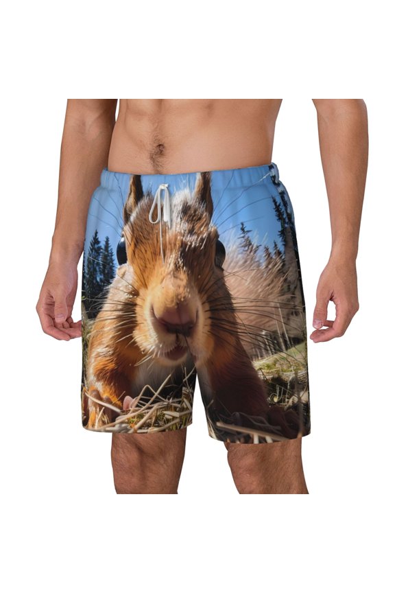 Close-Up Curious Squirrel pattern Mens Swim Trunks with Compression Liner Stretch Beach Shorts Quick Dry with Zipper Pockets No-Chafing Board Shorts-Small