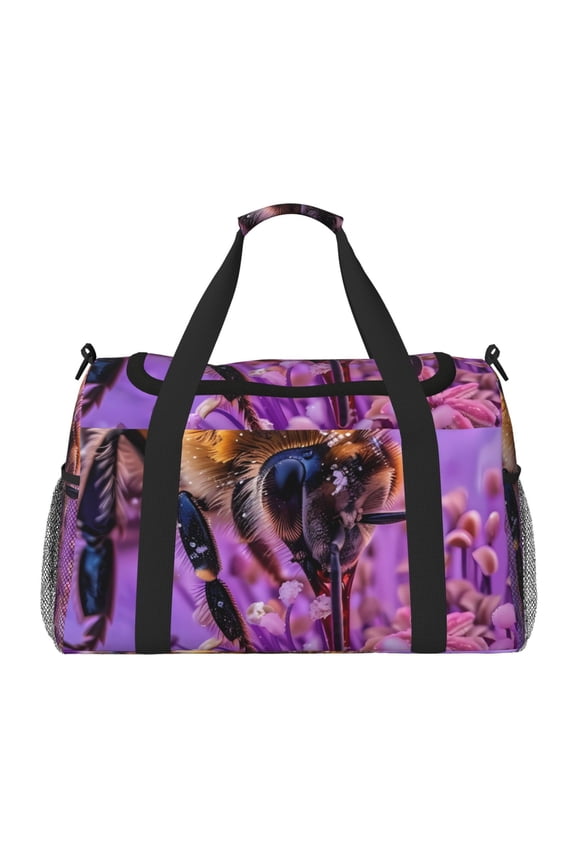 Closeup Honeybee on Flower Print Travel Duffle Bag,Weekender Bags for Women with Shoe Compartment, Gym Duffel Bag with Wet Pocket, Hospital Bags for Labor and Delivery