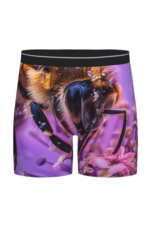 Closeup Honeybee on Flower Pattern Men's Athletic Long Leg Briefs , Performance Stretch Underwear,Moisture-Wicking