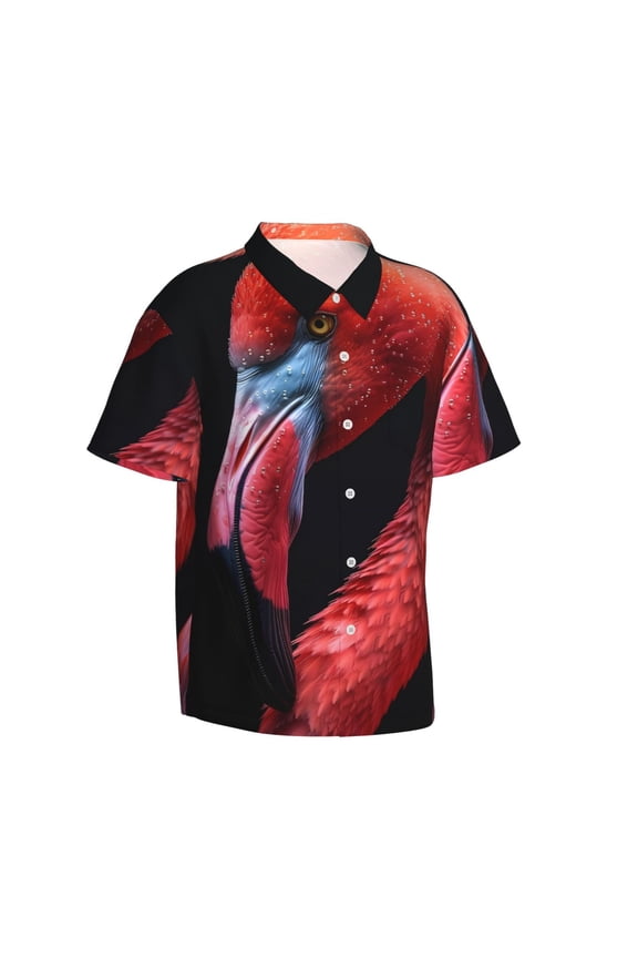 Closeup Red Flamingo Portrait Gentle Cotton Regular Fit Short Sleeve Casual Hawaiian Shirt for Men-3X-Large