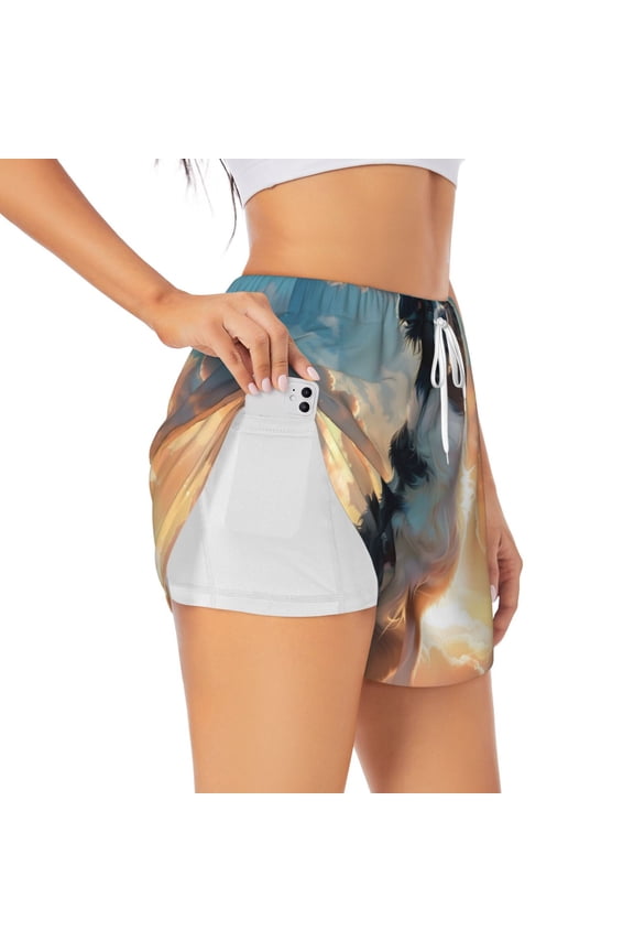 Cloud Border Collie Pattern Women's 2 in 1 Athletic Running Shorts High Waisted Workout Casual Gym Sweat Shorts with Comfy Liner Zipper Pockets-Large