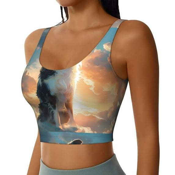 Picia Cloud Border Collie Sports Bra for Women,Padded Strappy Sports Bras Medium Support Yoga Bra with Removable Cups,Running Yoga Bra-Large