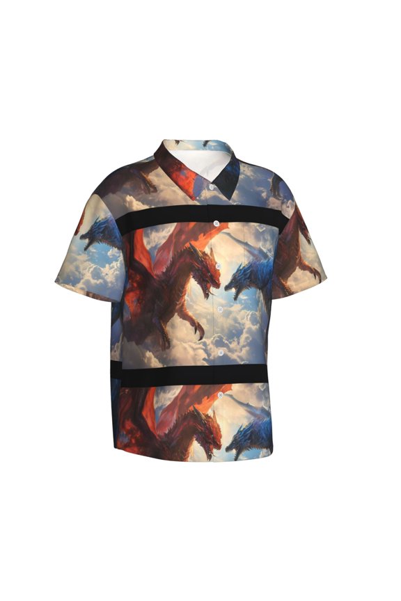 Cloud Red And Blue Dragon Gentle Cotton Regular Fit Short Sleeve Casual Hawaiian Shirt for Men-Large