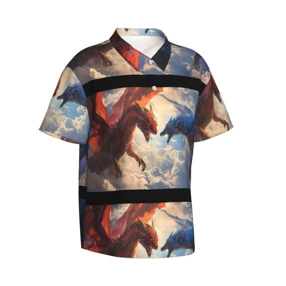 Picia Cloud Red And Blue Dragon Gentle Cotton Regular Fit Short Sleeve Casual Hawaiian Shirt for Men-Small