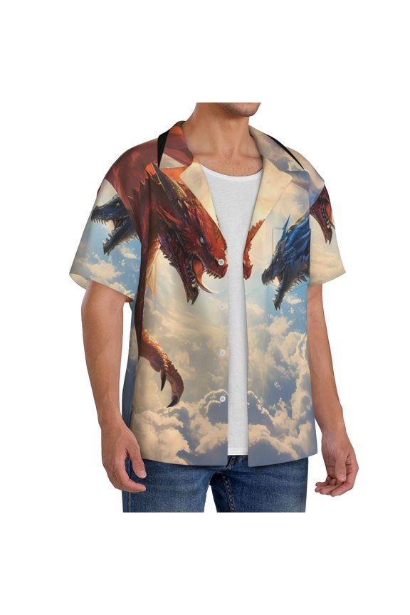 Cloud Red And Blue Dragon Men's Linen Shirts Short Sleeve Cuban Beach Shirts Casual Shirts Button Down Shirt for Men Beach Summer Wedding Shirt-3X-Large