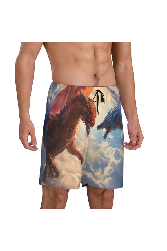 Cloud Red And Blue Dragon Pajama Shorts for Men, Men's Pajama Bottoms, Sleepwear,Short Pajama Pants-Large