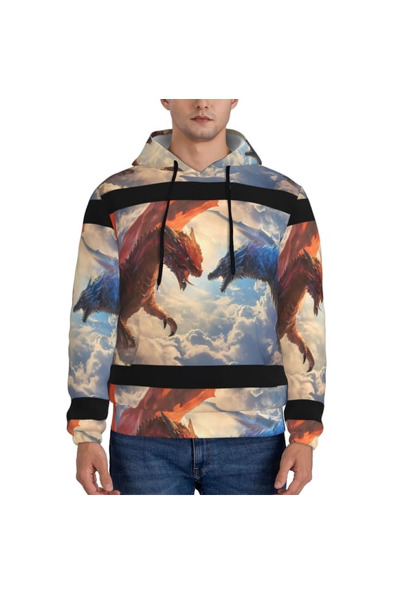 Cloud Red And Blue Dragon Pattern Casual Men's Hoodie - Lightweight Hooded Sweatshirt with Kangaroo Pocket, Comfortable Pullover for Everyday, Travel-Small