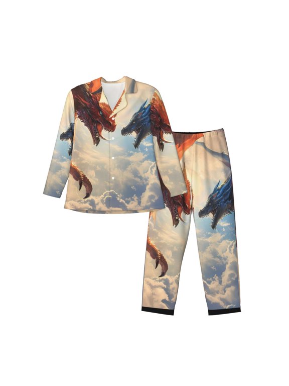 Cloud Red And Blue Dragon Pattern Men’s Long-Sleeve Sleepwear Set - Soft 2-Piece Loungewear with Pockets, Comfy PJs for Relaxing Nights-XX-Large