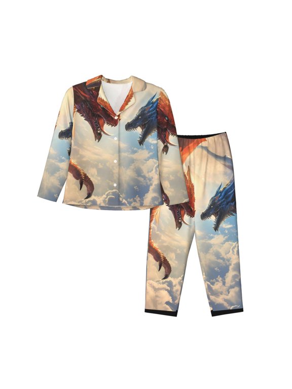 Cloud Red And Blue Dragon Pattern Women’s Long-Sleeve Sleepwear Set - Soft 2-Piece Loungewear with Pockets, Comfy PJs for Relaxing Nights-Medium